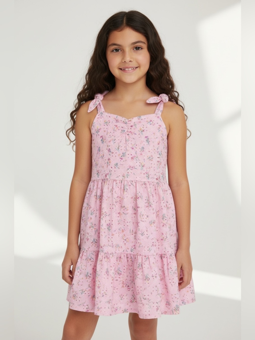 Tahari Pink Floral Eyelet Dress Bow Straps Cottage Girls 8